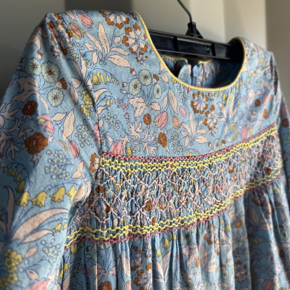 Mini Boden Dress 7-8Y Blue Floral Smocked Cotton Cottagecore Long Sleeve 128cm - Picture 2 of 12
